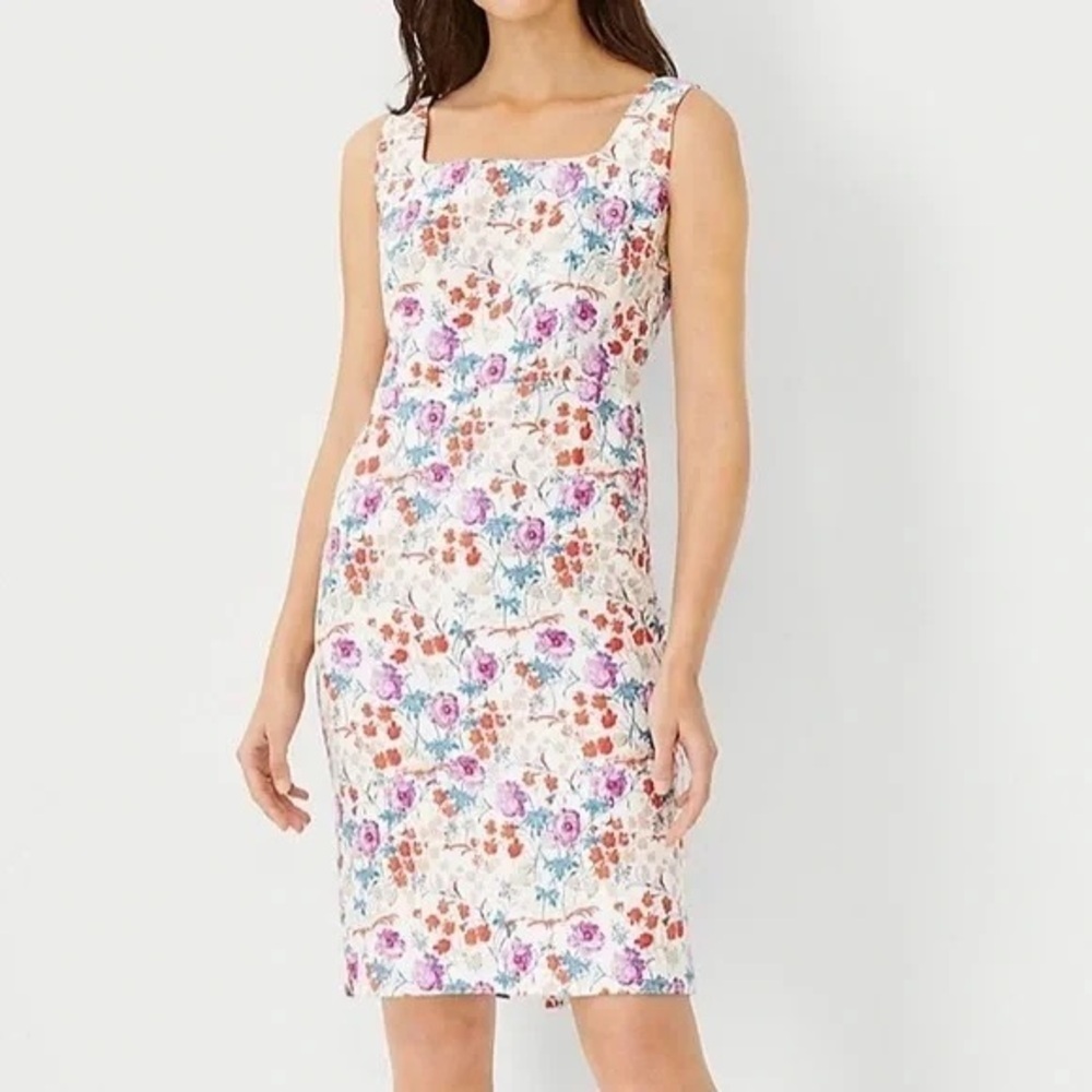 Ann Taylor Floral Sleeveless Square Neck Sheath Dress